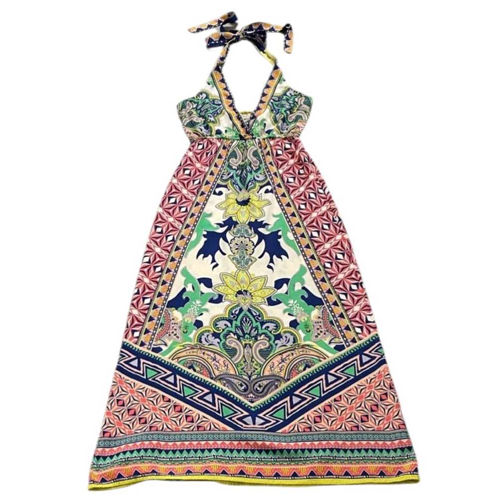 Flying Tomato Eye-catching Bright Prints Combination Halter Maxi Dress S EUC